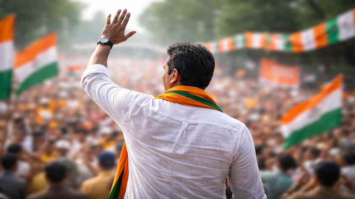 एक व्यक्ति भीड़ की ओर हाथ हिलाता हुआ, पृष्ठभूमि में रैली का माहौल, बिना पहचान वाले चेहरे और बिना किसी राजनीतिक चिन्ह के।