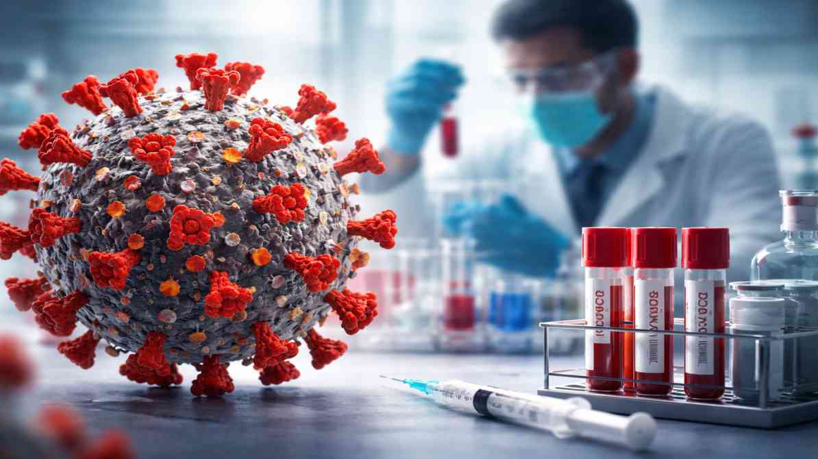 एक हाई-डिटेल COVID वायरस मॉडल और लैब सेटअप, जो नए Cicada COVID Variant के फैलाव को दर्शाता है।