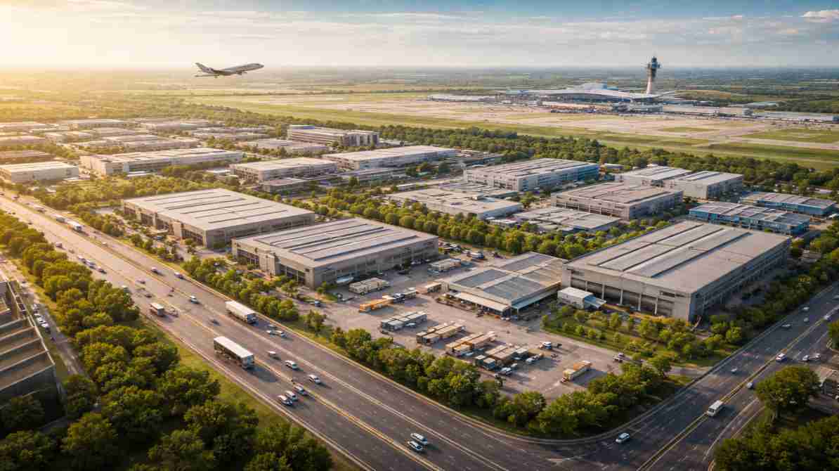 यह चित्र जेवर एयरपोर्ट के पास विकसित हो रही राजपुर औद्योगिक सिटी को दर्शाता है, जिसमें आधुनिक उद्योग, सड़क नेटवर्क और लॉजिस्टिक सुविधाएं दिखाई गई हैं।