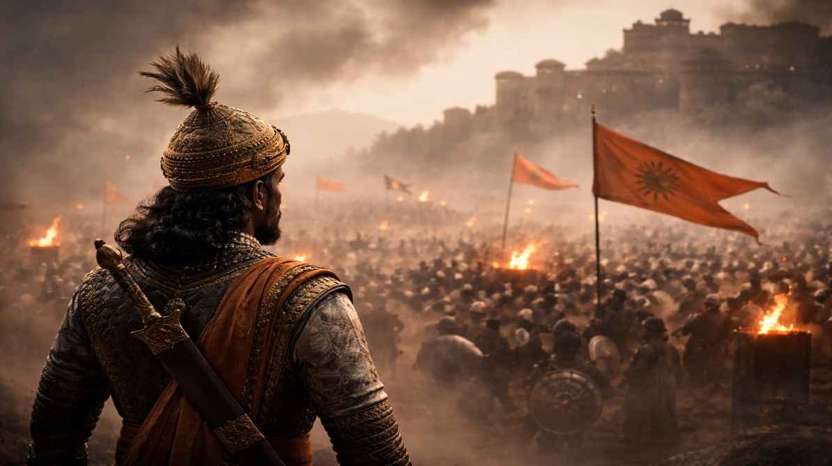 रितेश देशमुख छत्रपति शिवाजी महाराज के किरदार में, युद्ध के दृश्य और ऐतिहासिक सेट के साथ फिल्म का टीजर दृश्य।