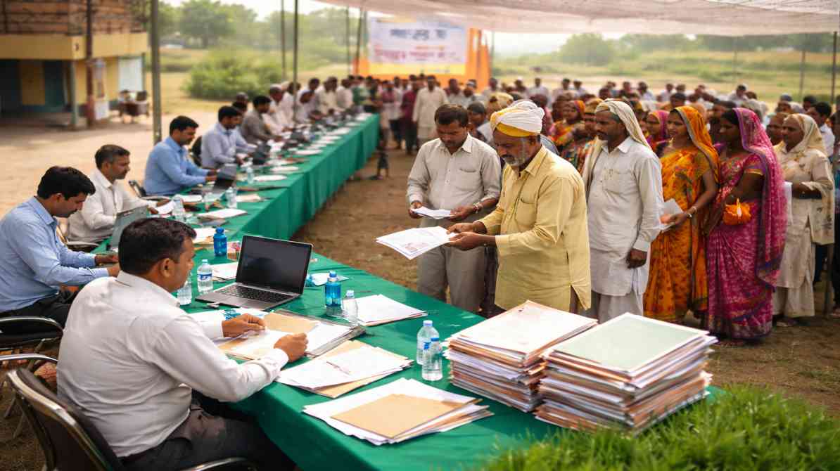 गांव में आयोजित सरकारी कैंप में किसान दस्तावेज जमा करते हुए, अधिकारी टेबल पर फाइल जांचते हुए दिखाई दे रहे हैं, जेवर एयरपोर्ट भूमि मुआवजा प्रक्रिया का दृश्य।