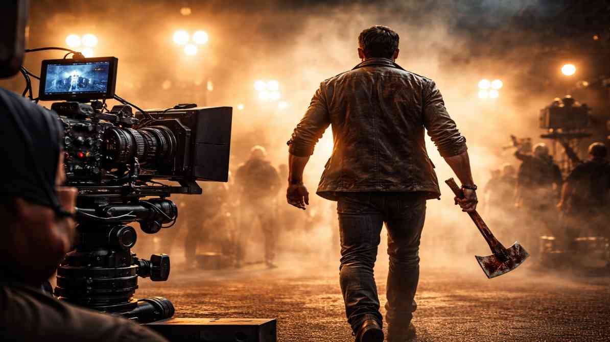 धुएं और लाइट्स के बीच फिल्म सेट पर खड़े एक हीरो की बैक व्यू इमेज, जो भव्य एंट्री को दर्शाती है।