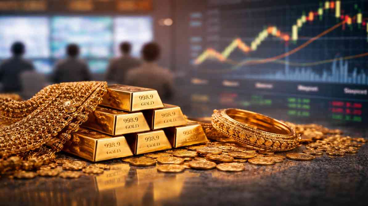 भारत में 2 अप्रैल 2026 को सोने की कीमतों में गिरावट दर्शाता हुआ विजुअल, जिसमें गोल्ड ज्वेलरी और बाजार ट्रेंड दिखाया गया है।