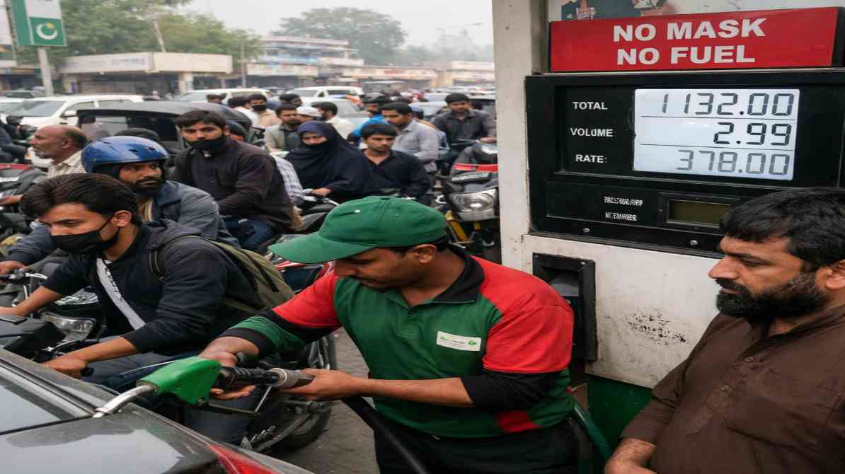 एक पेट्रोल पंप का दृश्य जहां बढ़ती कीमतों के कारण लोगों की भीड़ और चिंता साफ नजर आ रही है, जो पाकिस्तान आर्थिक संकट को दर्शाता है।