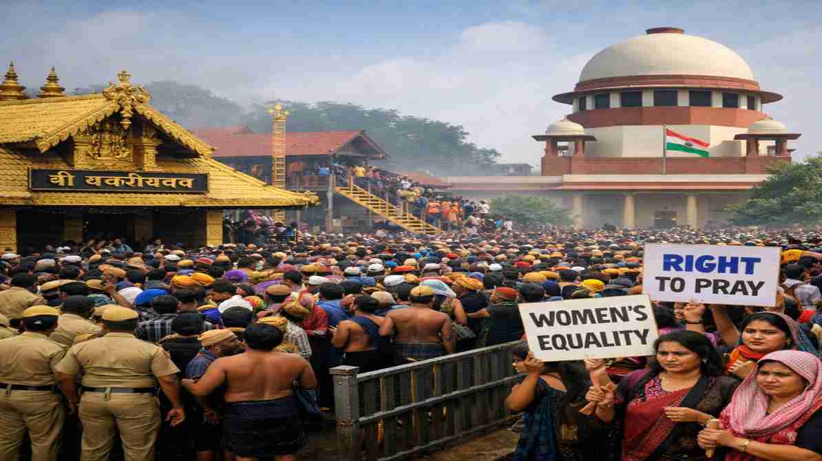 केरल के सबरीमाला मंदिर में श्रद्धालुओं की भीड़, जहां महिलाओं की एंट्री को लेकर विवाद चल रहा है।