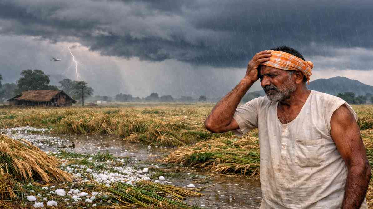 भारत में मौसम बिगड़ने का कारण दिखाती तस्वीर, जिसमें बादल, बारिश और फसल नुकसान दिखाया गया है।