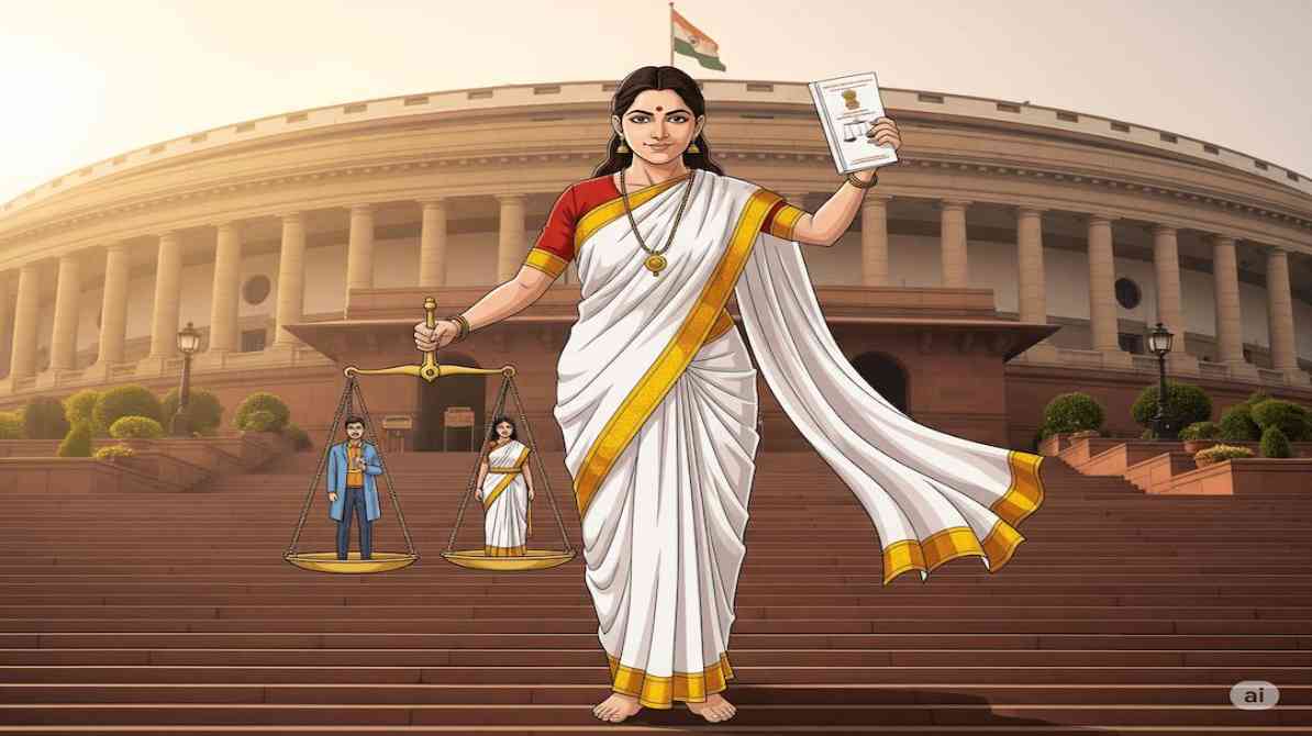 भारतीय संसद भवन के बाहर महिलाओं के अधिकार और आरक्षण को दर्शाता प्रतीकात्मक दृश्य