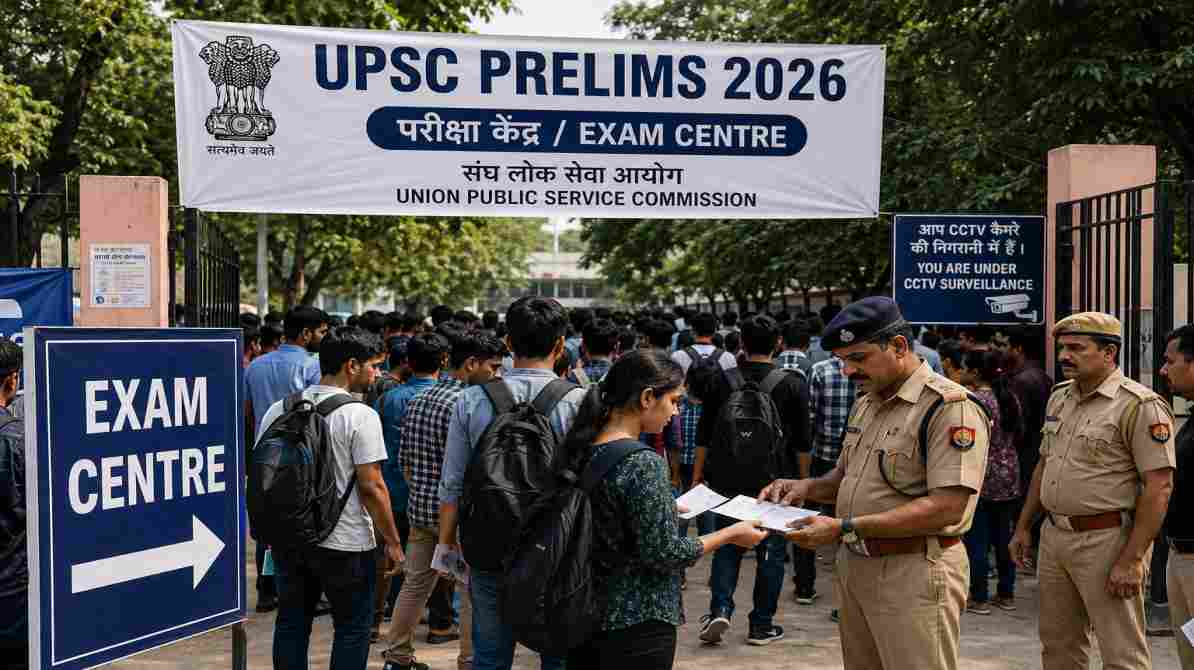 UPSC Prelims 2026 परीक्षा के दौरान नोएडा के परीक्षा केंद्र पर सुरक्षा जांच से गुजरते अभ्यर्थियों का दृश्य।