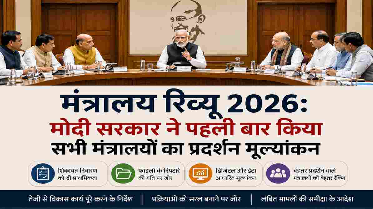प्रधानमंत्री नरेंद्र मोदी की अध्यक्षता में हुई कैबिनेट बैठक, जिसमें मंत्रालय रिव्यू 2026 के तहत विभिन्न मंत्रालयों के कामकाज की समीक्षा की गई।