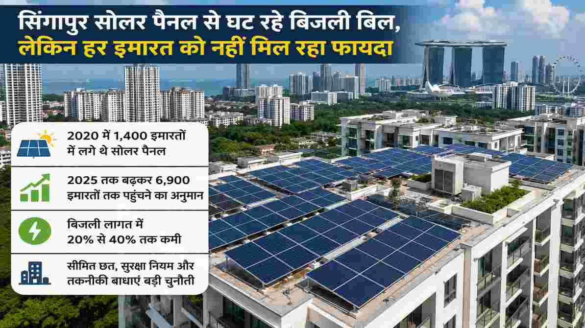 सिंगापुर के कॉन्डोमिनियम की छतों पर लगे सोलर पैनल जो स्वच्छ ऊर्जा और बिजली बचत को दर्शाते हैं।
