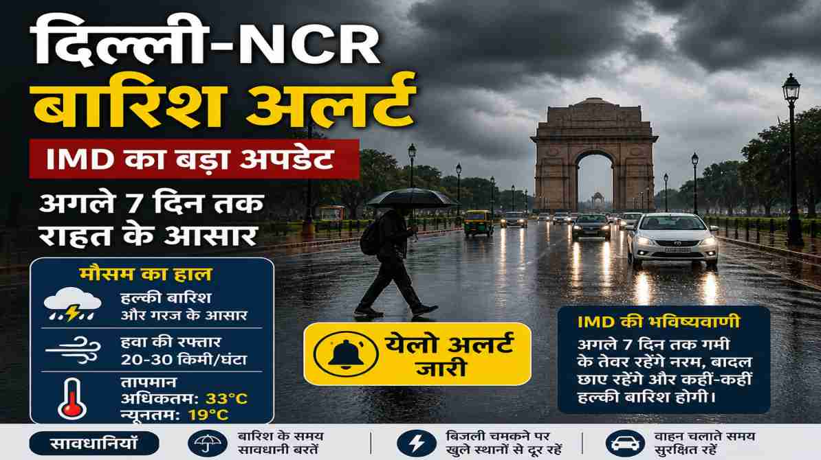दिल्ली के आसमान में काले बादल छाए हुए हैं और हल्की बारिश हो रही है, जिससे मौसम ठंडा और सुहावना दिख रहा है।