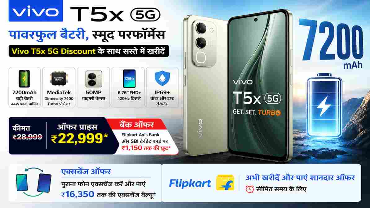 Vivo T5x 5G स्मार्टफोन जिसमें 7200mAh बैटरी, 50MP कैमरा और 120Hz डिस्प्ले दिया गया है