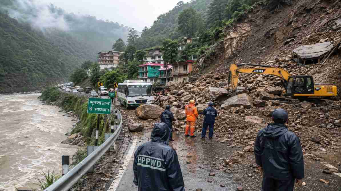 हिमाचल बारिश संकट के दौरान भूस्खलन से बंद सड़क, राहत एवं बचाव कार्य में जुटी टीमें और लगातार हो रही मानसूनी बारिश।