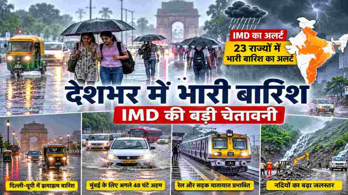 भारत के विभिन्न राज्यों में सक्रिय मानसून के बीच तेज बारिश, जलभराव और मौसम विभाग द्वारा जारी भारी बारिश के अलर्ट को दर्शाती तस्वीर।